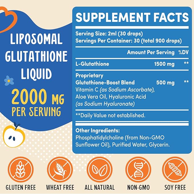 2000MG Liposomal Glutathione Liquid, 98% Absorption, Glutathione Liquid Supplement, Active Form L- Glutathione, Powerful Antioxidant Non-GMO for Immune System, Aging Defense, Detox, 12 FL.OZ