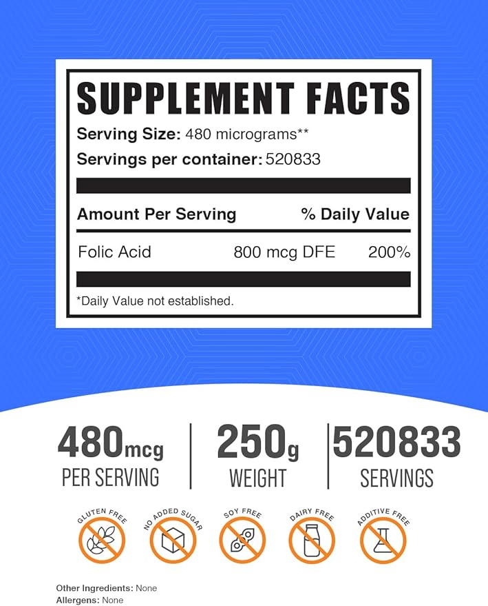BulkSupplements.com Folic Acid Powder - Vitamin B9, Folic Acid Supplement - Folic Acid Prenatal Vitamins, Folic Acid 800 mcg - Gluten Free, 480mcg per Serving, 250g (8.8 oz) (Pack of 1)