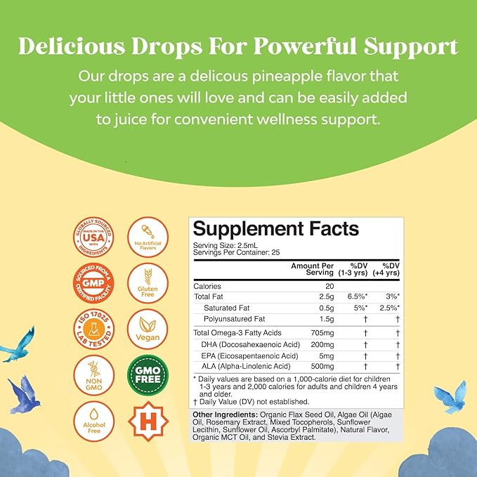 Liquid Omega 3 EPA DHA for Kids - Organic Vegan Omega 3 for Kids Brain Eye and Full Body Development with Vegan DHA EPA & ALA - Kids Omega 3 Liquid Supplement with Algae & Flaxseed Oil - 50 Servings