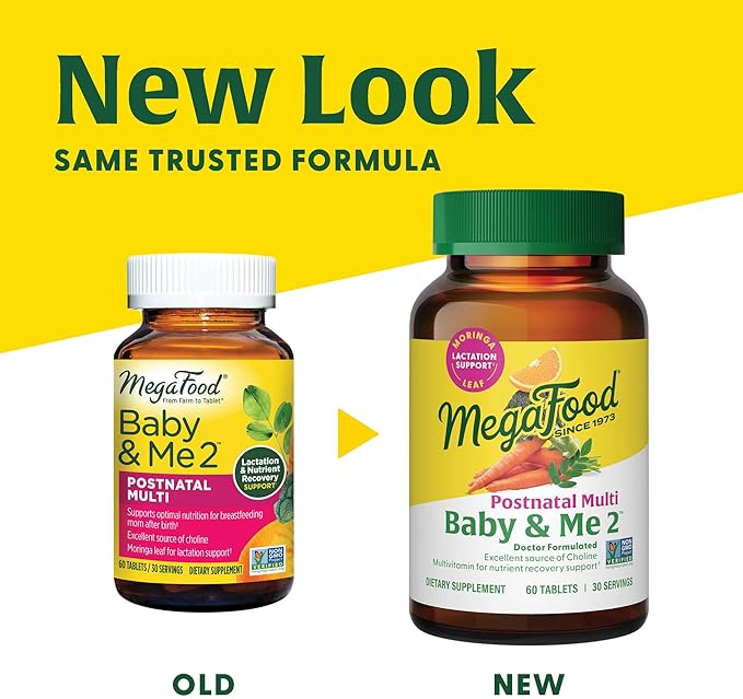 MegaFood Baby & Me 2 Postnatal Vitamins for Breastfeeding Moms with Folate (Folic Acid Natural Form), Choline, Iodine, Vitamin D, Moringa Leaf and More - 60 Tabs (30 Servings)