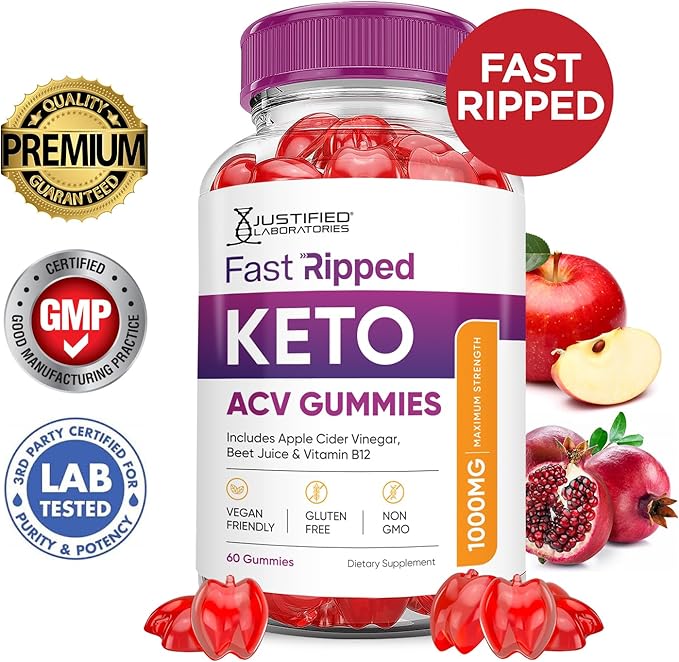 Fast Ripped Keto ACV Gummies Advanced Formula 1000MG Fast Ripped Keto Gummies Apple Cider Vinegar Formulated with Pomegranate Beet Juice Powder B12 Vegan Non GMO 60 Gummys