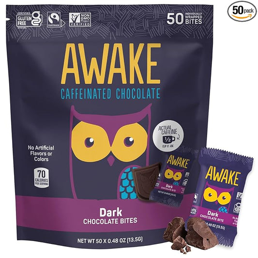 AWAKE - Caffeinated Chocolate Bites - Dark Chocolate, 50 Bites - 50mg Caffeine - Individually Wrapped Energy Bites - Coffee Alternative - Fairtrade, Gluten Free, Non GMO - 0.48oz
