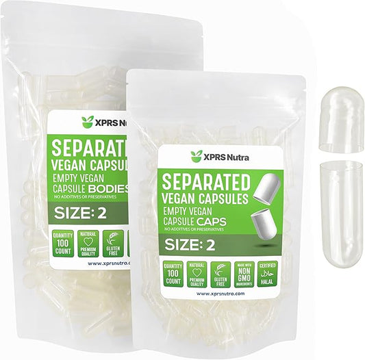 XPRS Nutra Vegan Size 2 Separated Capsules - 100 Count Premium Empty Capsules Separated in Bags - Clear Empty Capsules - Separated Empty Capsules - Pill Capsules Empty for DIY Supplement Filling