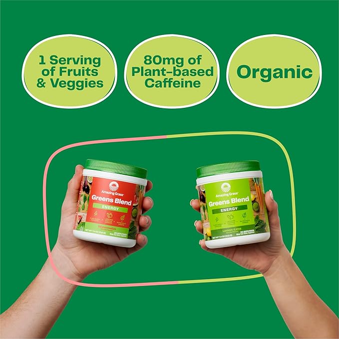 Amazing Grass Green Superfood Energy: Greens Powder with Plant Based Caffeine, Matcha Green Tea and Flax Seed, Nootropics Support, Lemon Lime, 30 Servings