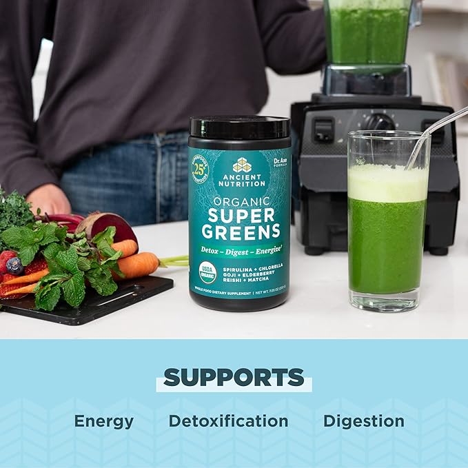 Super Greens Powder by Ancient Nutrition, Organic Superfood Powder with Probiotics Made with Spirulina, Chlorella, Matcha, and Digestive Enzymes, 25 Servings, 7.5oz