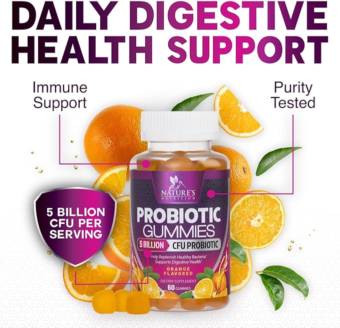 Probiotic Gummies for Digestive Health, Daily Probiotics for Women & Men, 5 Billion CFUs, Nature's Pro Biotics Gummy for Immune Support, Digestive Nutritional Supplements, Orange Flavor - 60 Gummies