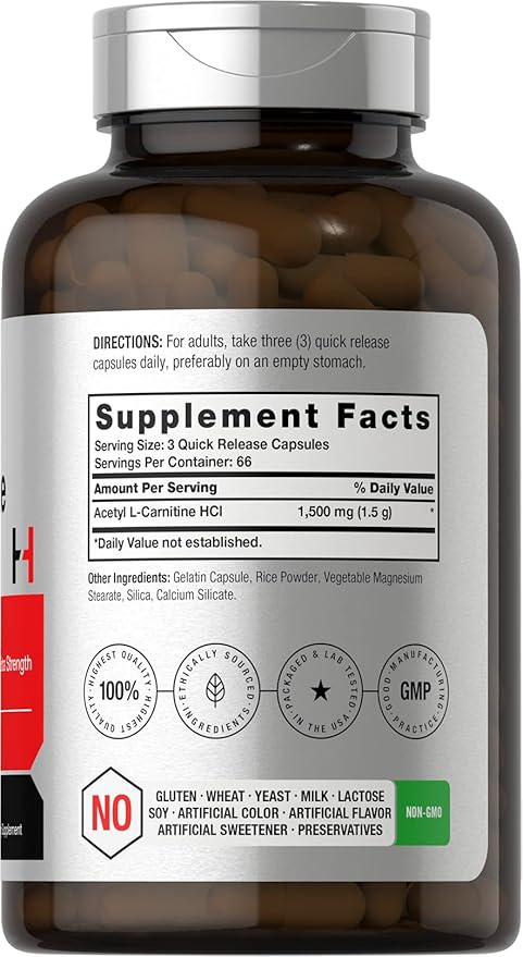 Horbäach Acetyl L-Carnitine 1500mg | 200 Capsules | Extra Strength Supplement | Non-GMO & Gluten Free