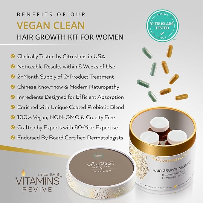 VITAMINS REVIVE Hair Supplement Hair Growth Vitamins for Women - USA Clinically Tested - Hair Loss Products for Thinning & Thickening - Female Hair Regrowth Treatment (2 Month Supply)