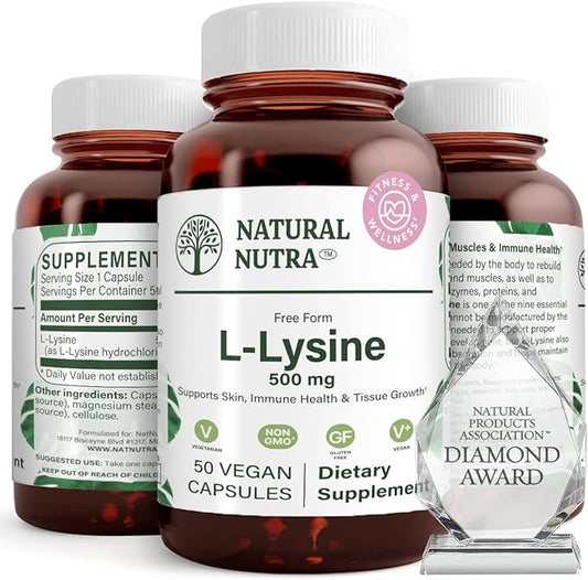 Natural Nutra L Lysine HCl, Promotes Bone Health and Growth, Helps Built Collagen, Improve Calcium Absorption, Non-GMO, Vegan, 500 mg, 50 Capsules.