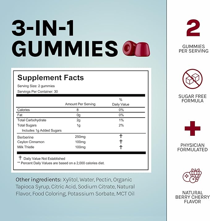 Berberine Gummies with Berberine HCL, Ceylon Cinnamon & Milk Thistle for Immune and Metabolism Support - Berry Cherry Flavor - 60 Count