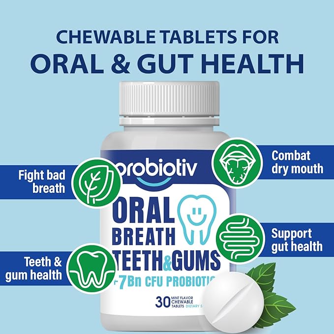Oral Probiotics for Mouth Bad Breath 7 Billion CFU – Chewable Dental Probiotic for Teeth and Gums & Fresh Breath, Combats Dry Mouth, Halitosis & Supports Gut Health (30 Count (Pack of 1))
