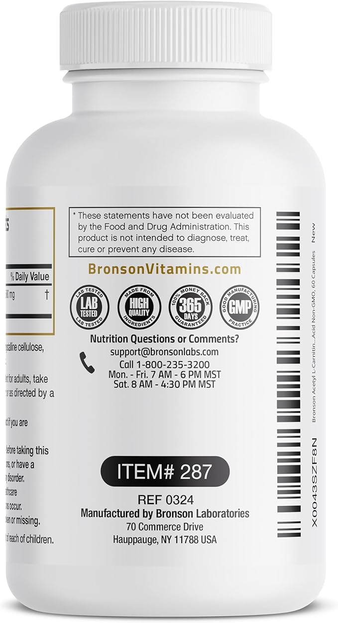 Bronson Acetyl L-Carnitine 500 MG High Potency Amino Acid Non-GMO, 60 Capsules