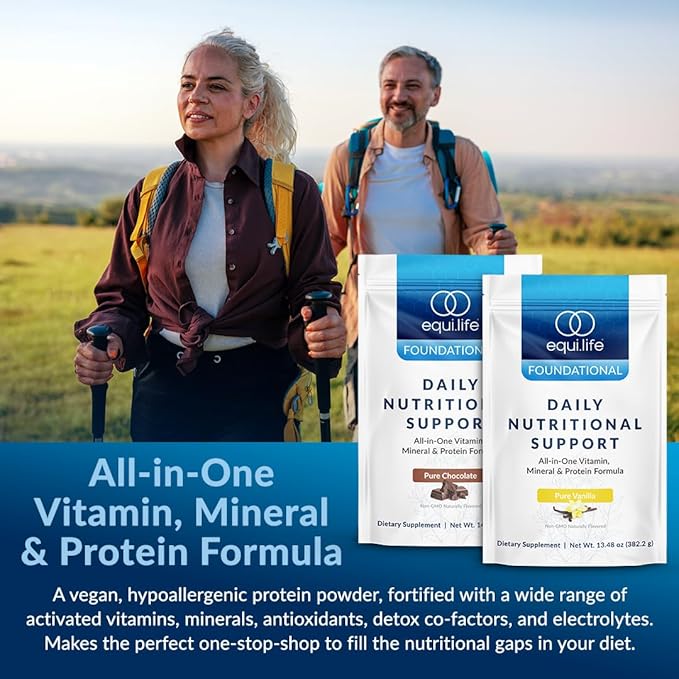 Equilife - Daily Nutritional Support, Organic and Plant Based Protein Powder, All-in-one Multivitamin, Boost Energy and Mood, Gut-Cleansing Aid and Skin Health (Pure Chocolate,14 Servings Tub)