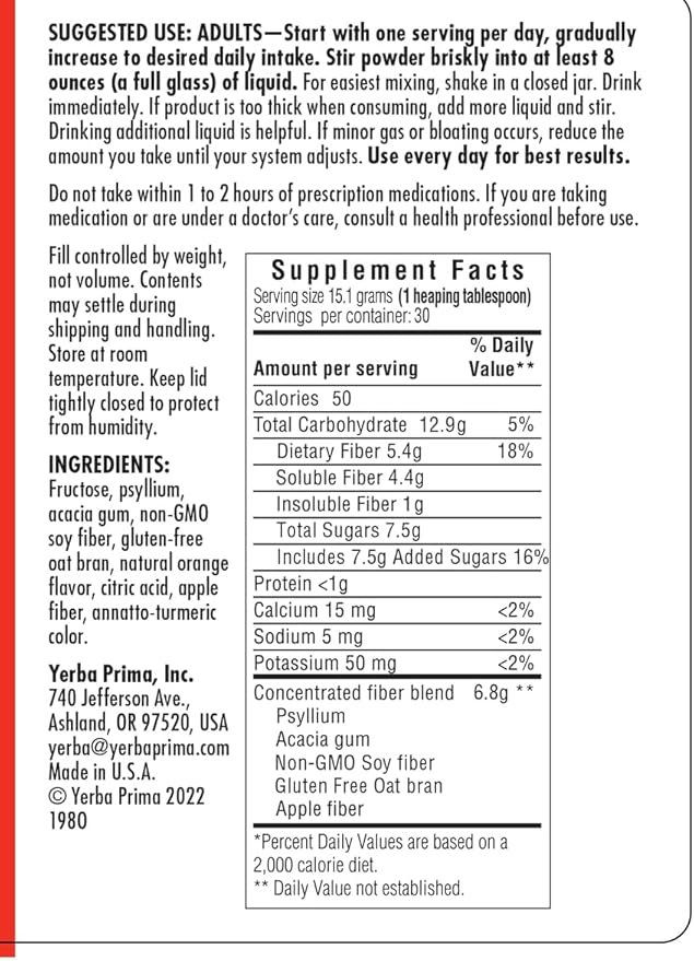 Yerba Prima Daily Fiber Formula 16 oz Powder (Pack of 3) - Great Tasting Premium Dietary Fiber Supplement, Made in The USA, Non-GMO, Gluten Free, Natural Orange Flavor