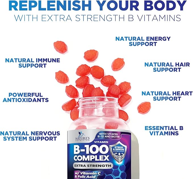 Super B Complex Gummy with Vitamin C & Folic Acid, Extra Strength Vitamin B Gummies Supplement with Niacin, B6, Folic Acid, B12, Biotin, Nature's Energy Immune Support Supplements - 60 Gummies