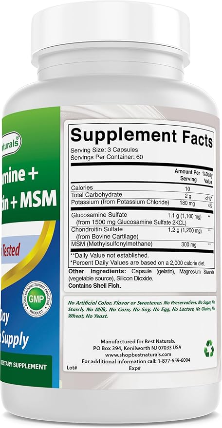 Best Naturals Glucosamine Chondroitin and MSM (Non-GMO) - Promotes Joint Health - 180 Count