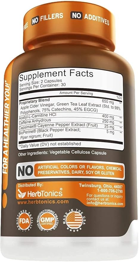 Herbtonics Thermogenic Supplement | Metabolic Health & GLP-1 Support for Men & Women | Clean Energy & Mental Focus | ACV, Green Tea Extract & Caffeine | 120 Veg Capsules