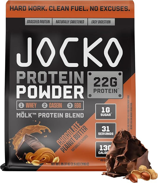 Jocko Mölk Whey Protein Powder 22g Sugar Free Monk Fruit Blend - Muscle Recovery & Growth, Packaging May Vary (31 Servings, Chocolate Peanut Butter)