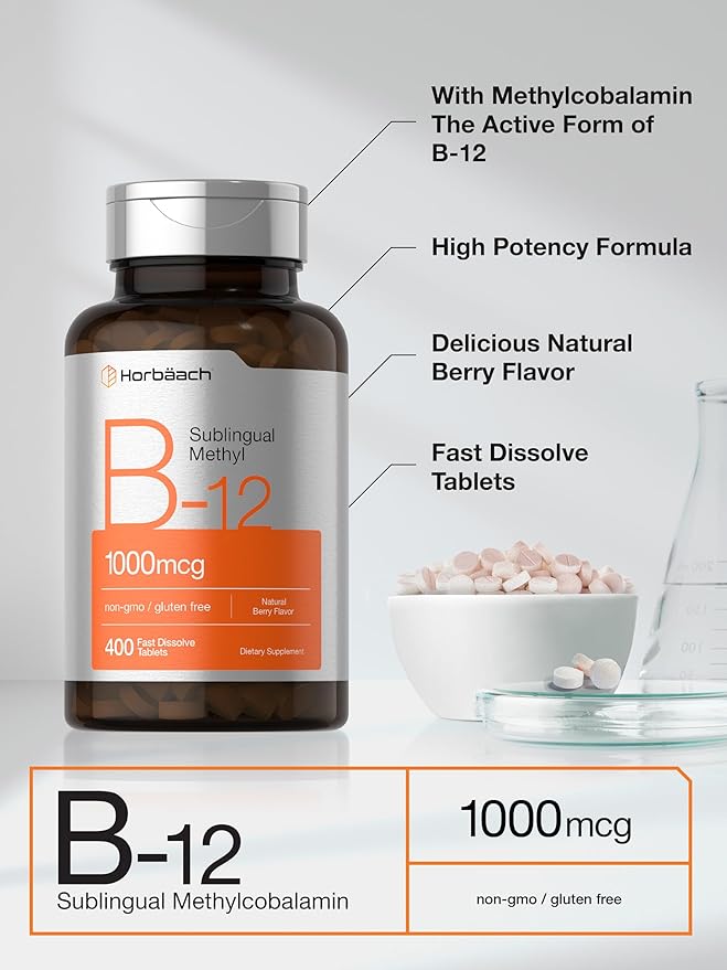 Horbaach Vitamin B12 Sublingual 1000 mcg | 400 Tablets | Methyl Supplement for Women and Men | Fast Dissolve Pills | Berry Flavor | Vegan, Non-GMO, and Gluten Free