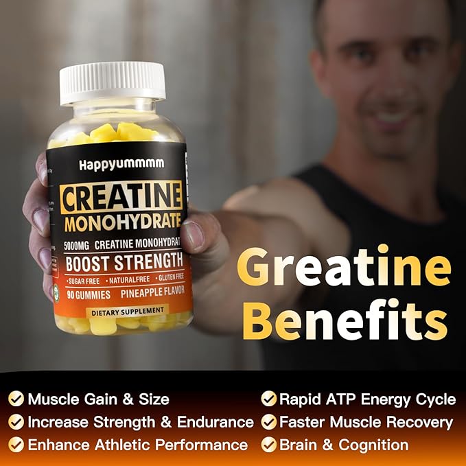 Creatine Monohydrate Gummies 5000mg for Men & Women, Chewables Creatine Monohydrate for Muscle Strength, Muscle Builder, Energy Boost, Pre-Workout Supplement(90 Count)-Pineapple-2pack.