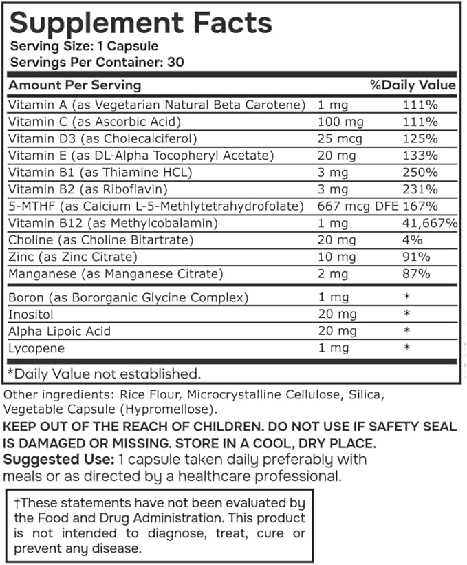 Methylated Multivitamin Multimineral Complex L Methylfolate