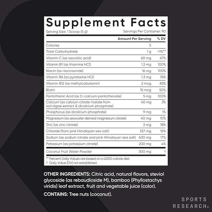 Sports Research Hydrate Electrolytes Powder - Sugar-Free & Naturally Flavored with Vitamins, Minerals, and Coconut Water - Supports Hydration - Raspberry Lemonade