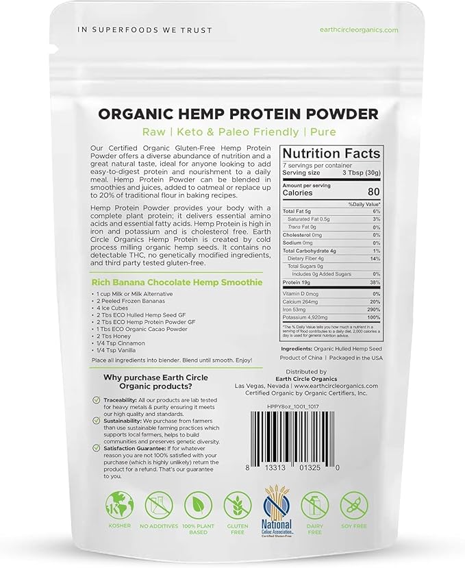 Organic Hemp Protein Powder, Lab Tested 100% Gluten Free, Plant Based & Vegan Raw Protein Powder - Perfect for Keto, Meal Replacement Shakes, Pre-workout and Post Workout (8oz, Pack of 1)