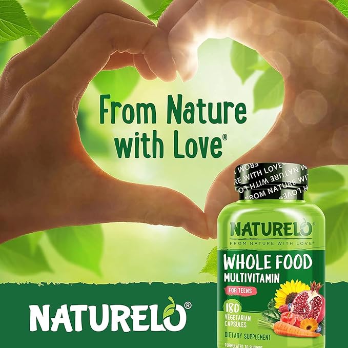NATURELO Whole Food Multivitamin for Teens - Vitamins and Minerals for Teenage Boys and Girls - Supplement for Active Kids - with Organic Whole Foods - Non-GMO - Vegan & Vegetarian - 180 Capsules