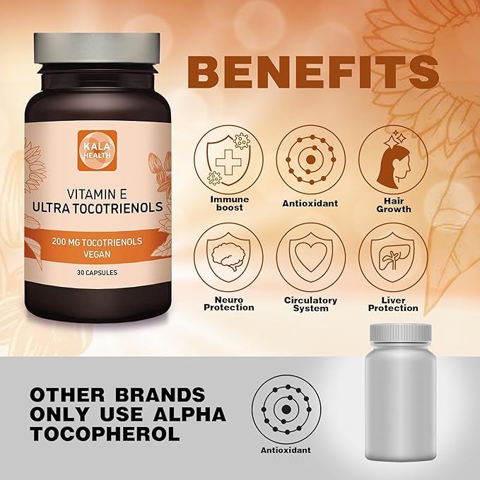 KALA HEALTH Ultra Tocotrienol 200mg Vitamin E Vegan – All 4 tocotrienols - Tocopherol Free - Supports Immune Health & Antioxidant Health Tocotrienols Supplement