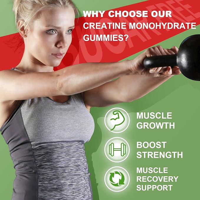 Creatine Monohydrate Gummies for Men & Women, Chewables Creatine Monohydrate for Muscle Strength, Muscle Builder, Energy Boost, Sugar Free, Vegan, Strawberry Flavor-60 Count