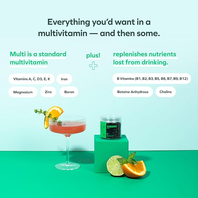 Cheers Multi | Multivitamin for Drinkers | Replenish Lost Vitamins from Drinking & Support Overall Health | 30 Doses | Choline, Betaine, Niacin, B-Vitamins | Daily Multivitamin Supplement