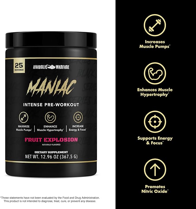 Anabolic Warfare Black Series Maniac, Pre-Workout Powder, Supports Nitric Oxide, Increase Muscle Pumps, Support Protein Synthesis*, Freedom Slush 20 Servings
