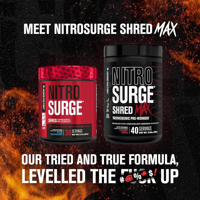 Jacked Factory NITROSURGE Shred Pre Workout Supplement - Energy Booster, Instant Strength Gains, Sharp Focus, Powerful Pumps - Nitric Oxide Booster & PreWorkout Powder - 30Sv, Black Cherry