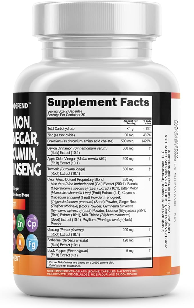 Clean Nutraceuticals Ceylon Cinnamon Turmeric Apple Cider Vinegar Ginseng Berberine Plus Bitter Melon Gymnema Milk Thistle Fenugreek