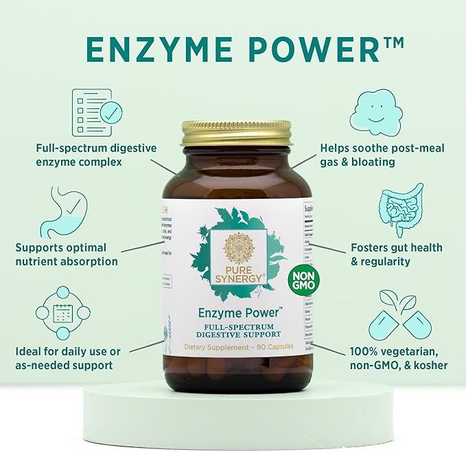 PURE SYNERGY Enzyme Power | Digestive Enzyme Supplement | Digestive Health Enzymes with Nattokinase, Bromelain, and Serrapeptase | for Digestive and Gut Health (90 Capsules)