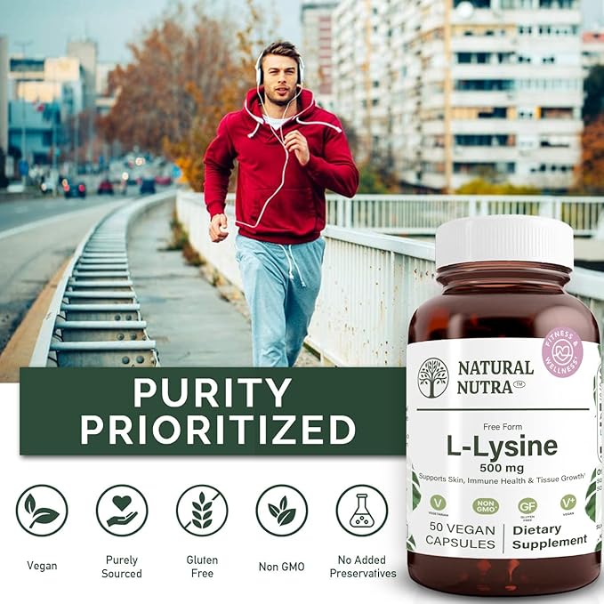 Natural Nutra L Lysine HCl, Promotes Bone Health and Growth, Helps Built Collagen, Improve Calcium Absorption, Non-GMO, Vegan, 500 mg, 50 Capsules.