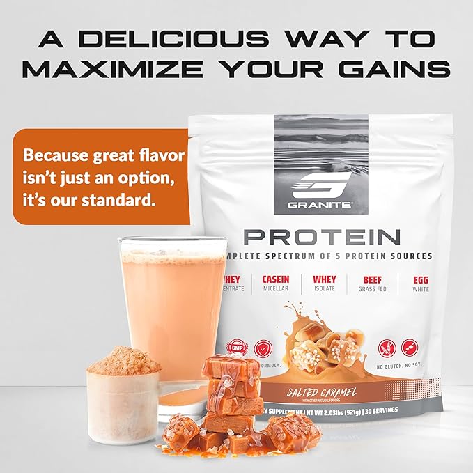 Granite Protein Powder | Whey Isolate & Concentrate| Casein for Lean Muscle Building & Workout Recovery | 30 Servings | Egg & Grass Fed Protein | 23g Protein from 5 Sources | Salted Caramel Flavor