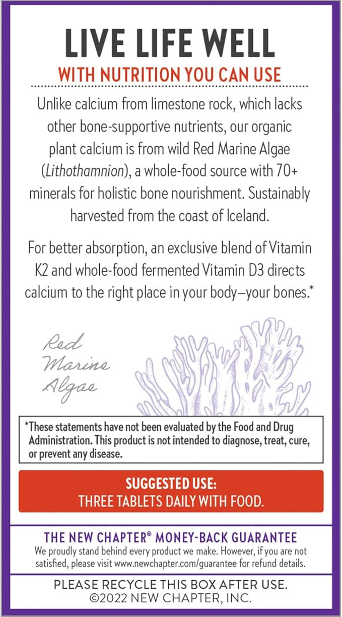 New Chapter Calcium Supplement - Bone Strength Organic Calcium with Magnesium, Vitamin D3+K2, 70+ Trace Minerals for Bone Health, Gluten Free, Easy to Swallow Slim Calcium Tablets - 180 Count