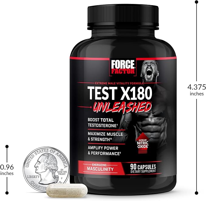 FORCE FACTOR Test X180 Unleashed Testosterone Booster for Men to Build Muscle, Increase Strength, and Improve Performance, Testosterone Supplement for Men’s Health, 90 Capsules