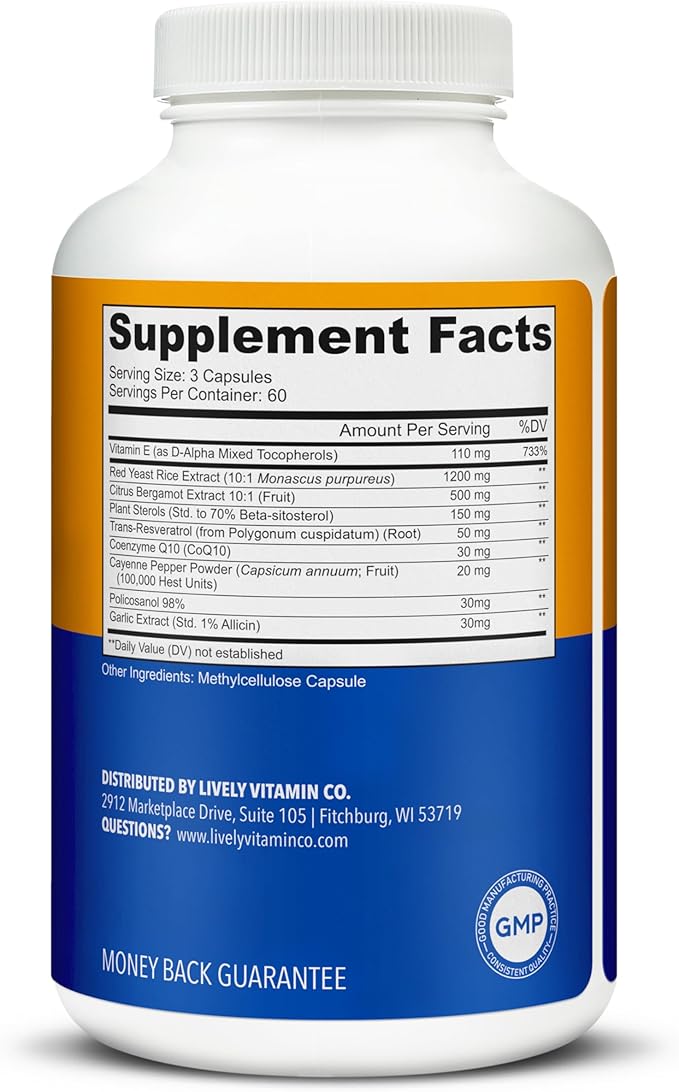 LIVELY VITAMIN CO. Less Cholest - Balanced Cholesterol & Circulatory Health - Statin Free - Red Yeast Rice - Bergamot - Resveratrol - CoQ10 - Gluten, Dairy, Soy-Free - 180 Vegan Capsules
