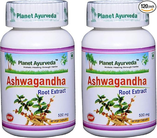 Planet Ayurveda Ashwagandha, 500mg Veg Capsules - 2 Bottles