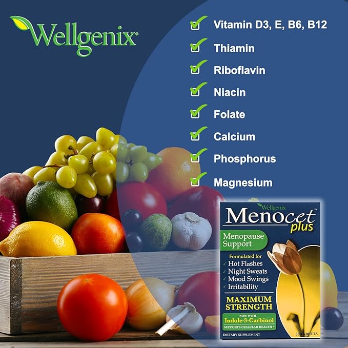 Wellgenix Menocet Plus Menopause Support - Natural Supplement for Women - Daily Relief Feminine Care - Helps with Hot Flashes, Night Sweats, Mood Swings & Irritability - 30 Tablets