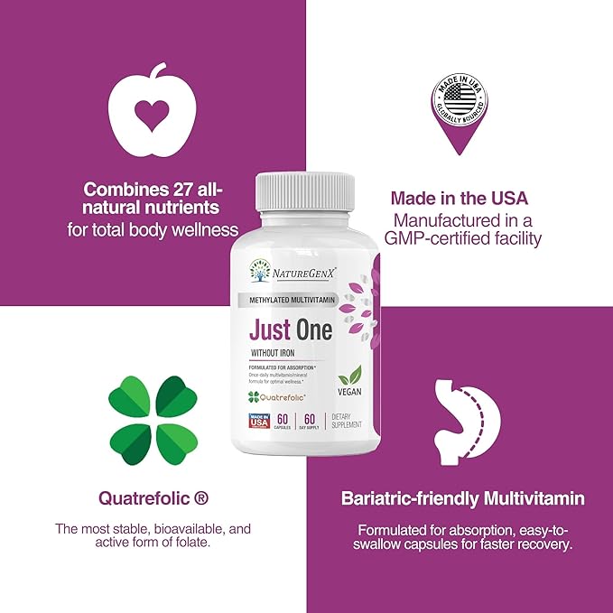 Just One Daily Methylated Multivitamin - 60 Caps Pure Methyl B12, Methylfolate MTHFR Support Supplement Iron Free Methylated Vitamins for Men & Women 2 Months Supply Gluten Free