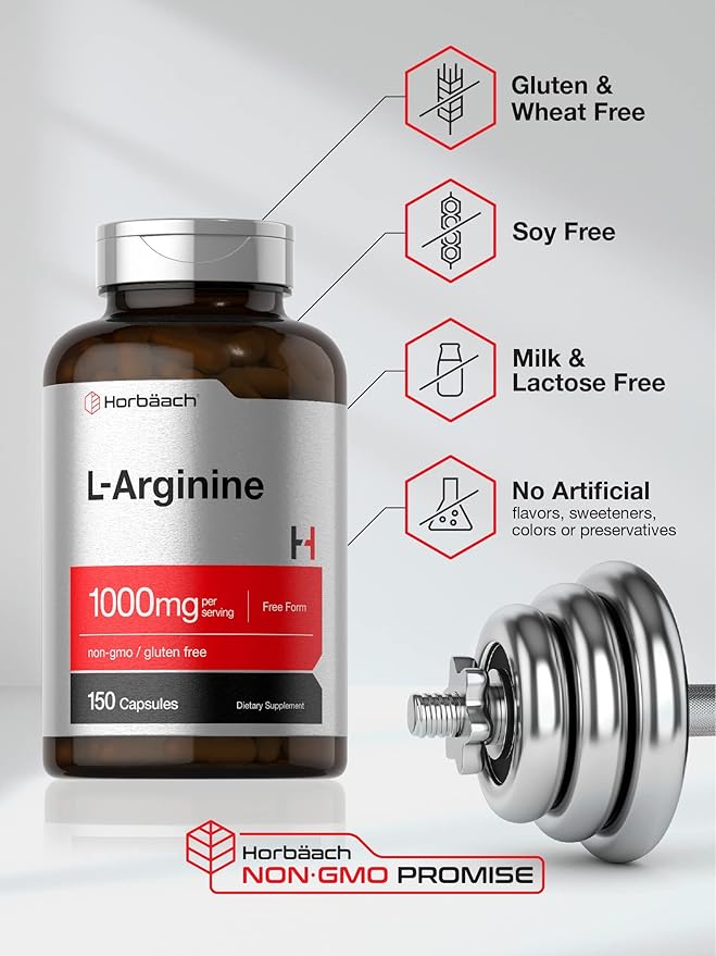 Horbäach L Arginine 1000mg Capsules | 150 Powder Pills | Free Form | Non-GMO & Gluten Free Supplement
