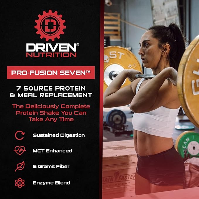 Driven Pro Fusion 7 Meal Replacement Powder - Men & Women, 3 lbs - 24g Protein Per Serving, Digestive Enzymes & MCT Oil - Gluten-Free - On-The-Go Energy & Supports Muscle Mass - Banana Milkshake