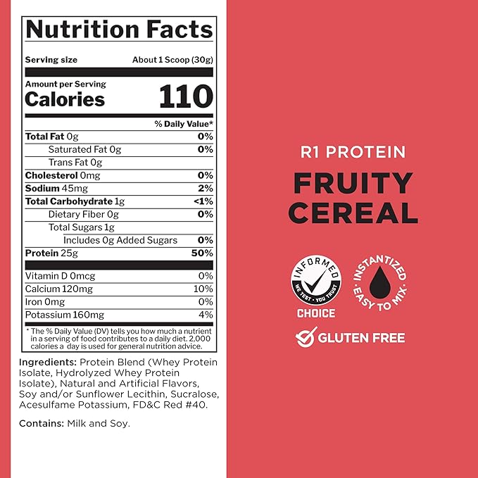 Rule One Proteins R1 Protein - 25g Fast-Acting, Super-Pure 100% Isolate and Hydrolysate Protein Powder with 6g BCAAs (2 Pounds*, Fruity Cereal)