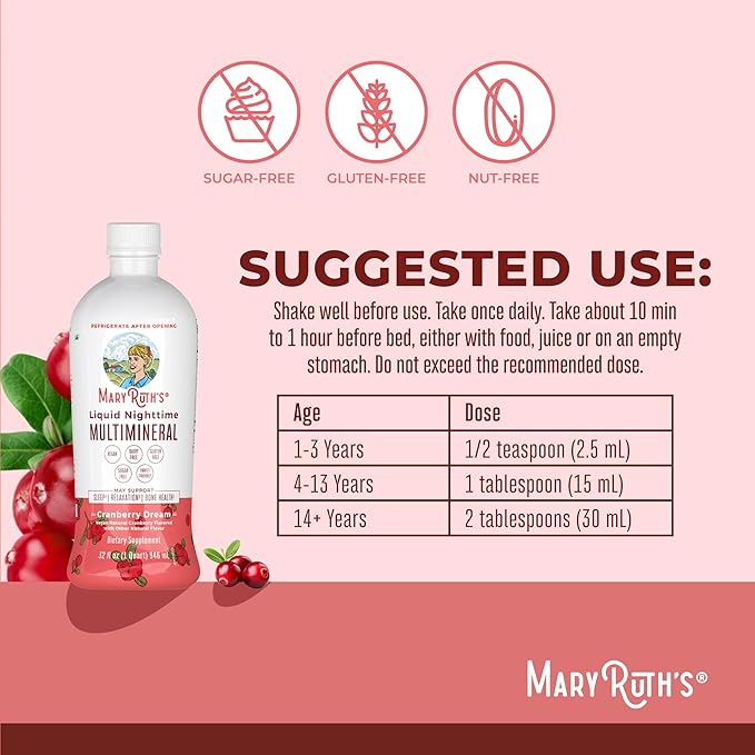 MaryRuth Organics Liquid Nighttime Multimineral Sleep Supplement | Sugar Free | Calm Magnesium Citrate | NO Melatonin | Calcium Magnesium Zinc | Available in 4 Flavors | Gluten Free | 32 Servings