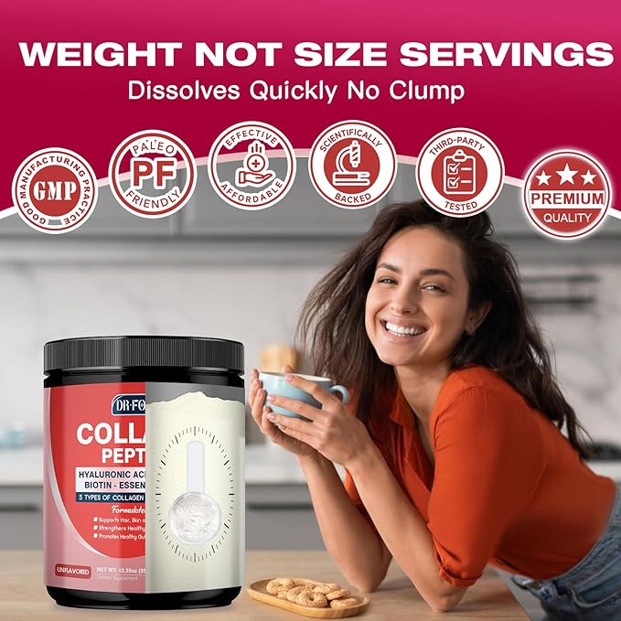 Multi Collagen Powder with 5 Billion CFUs - Hydrolyzed Collagen Peptides with Multivitamins, Hyaluronic Acid & Biotin - Support Skin Hair Nail Joints & Gut