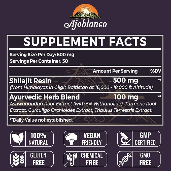 Ajoblanco 600mg Shilajit Pure Himalayan Organic Shilajit Resin - Himalayan Shilajit Resin with Organic Ayurvedic Blend in High Potency for Energy, Strength & Immunity, Pack of 2