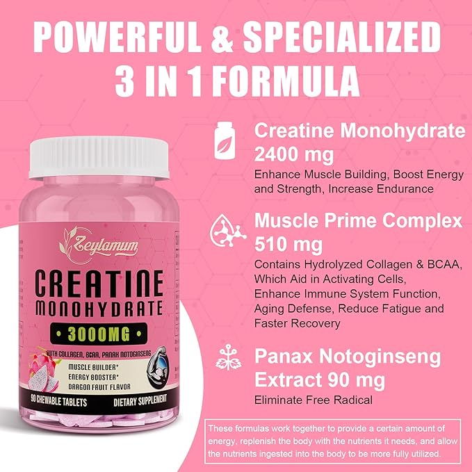 Creatine Monohydrate for Women, Creatine Supplement 3000 MG, with Hydrolyzed Collagen, BCAA, for Muscle Builder & Strength, Energy Boost, Faster recovery, Vegan, Non-GMO, Sugar Free, 30 Servings